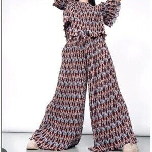 Wildfang The Empower Plisse Loose Leg Drawstring Pant Retro Floral NWT Size L